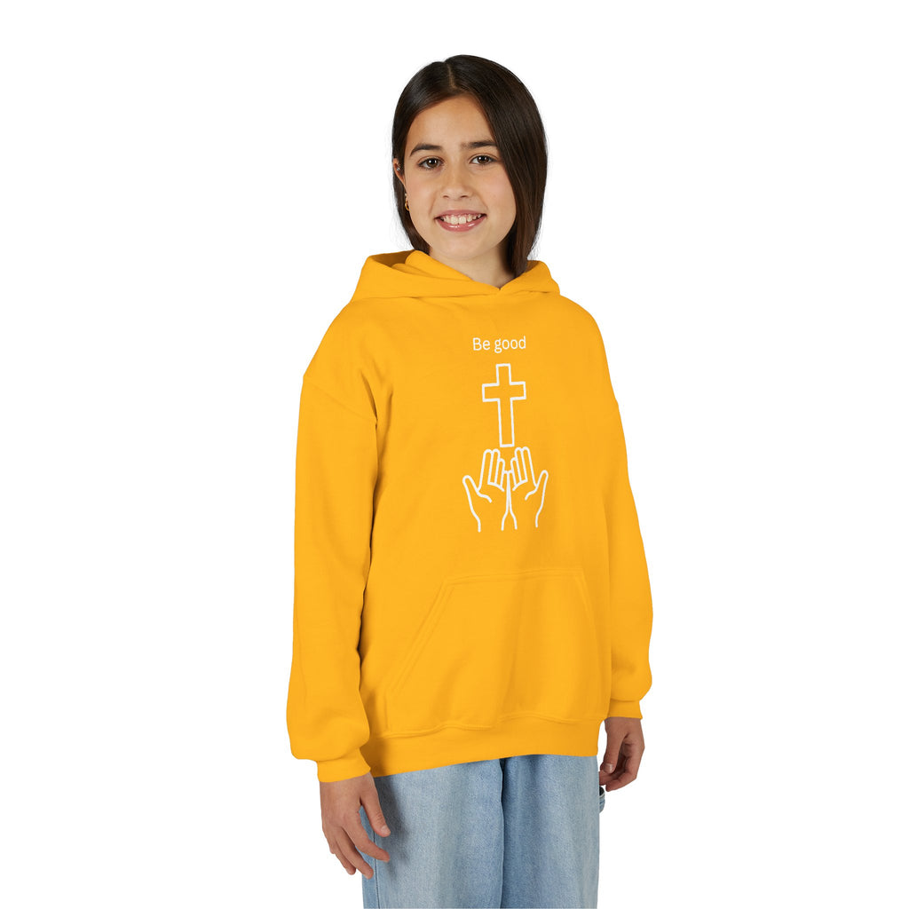 Youth Hoodie — "Be Good" Cross Prayer Christian Sweatshirt
