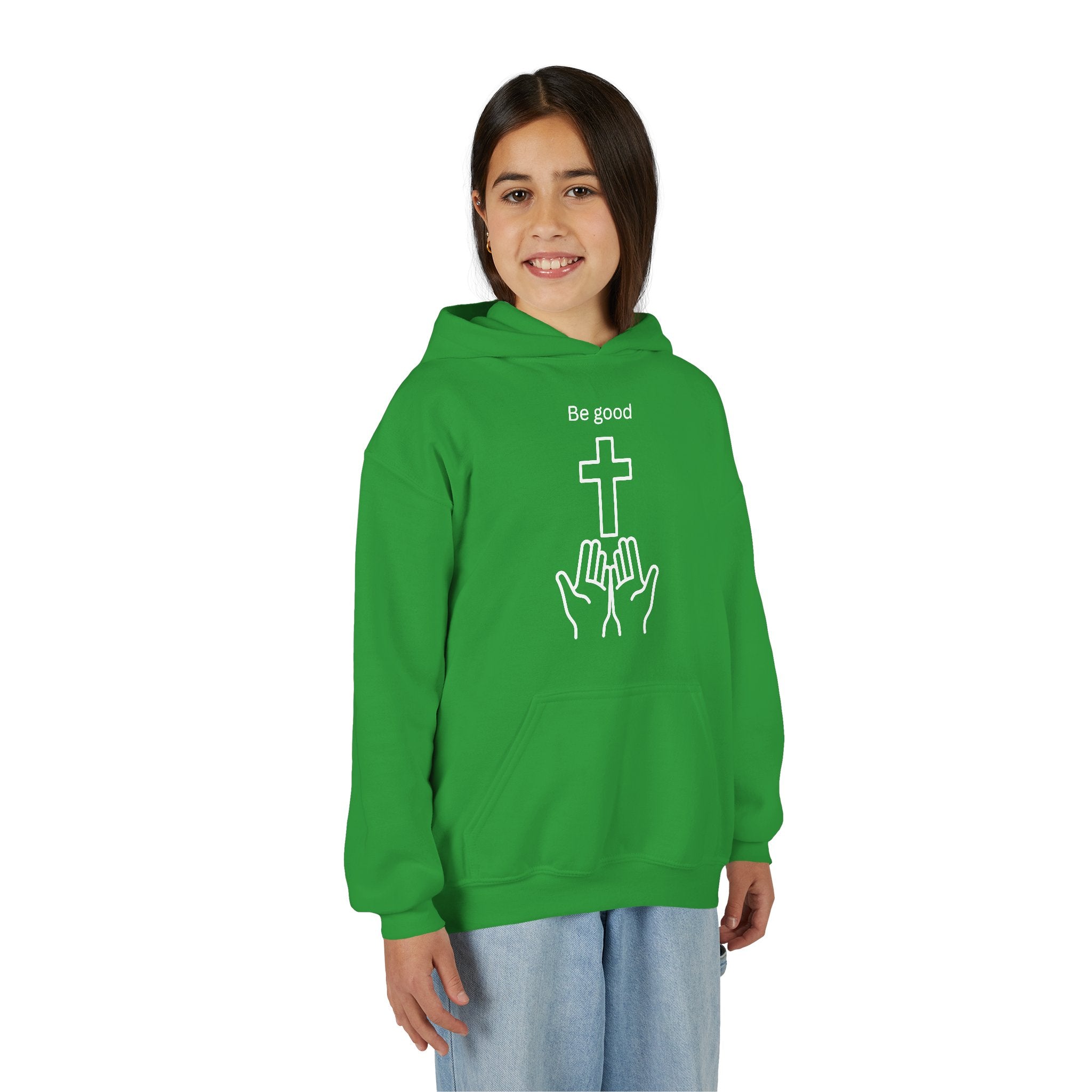 Youth Hoodie — "Be Good" Cross Prayer Christian Sweatshirt