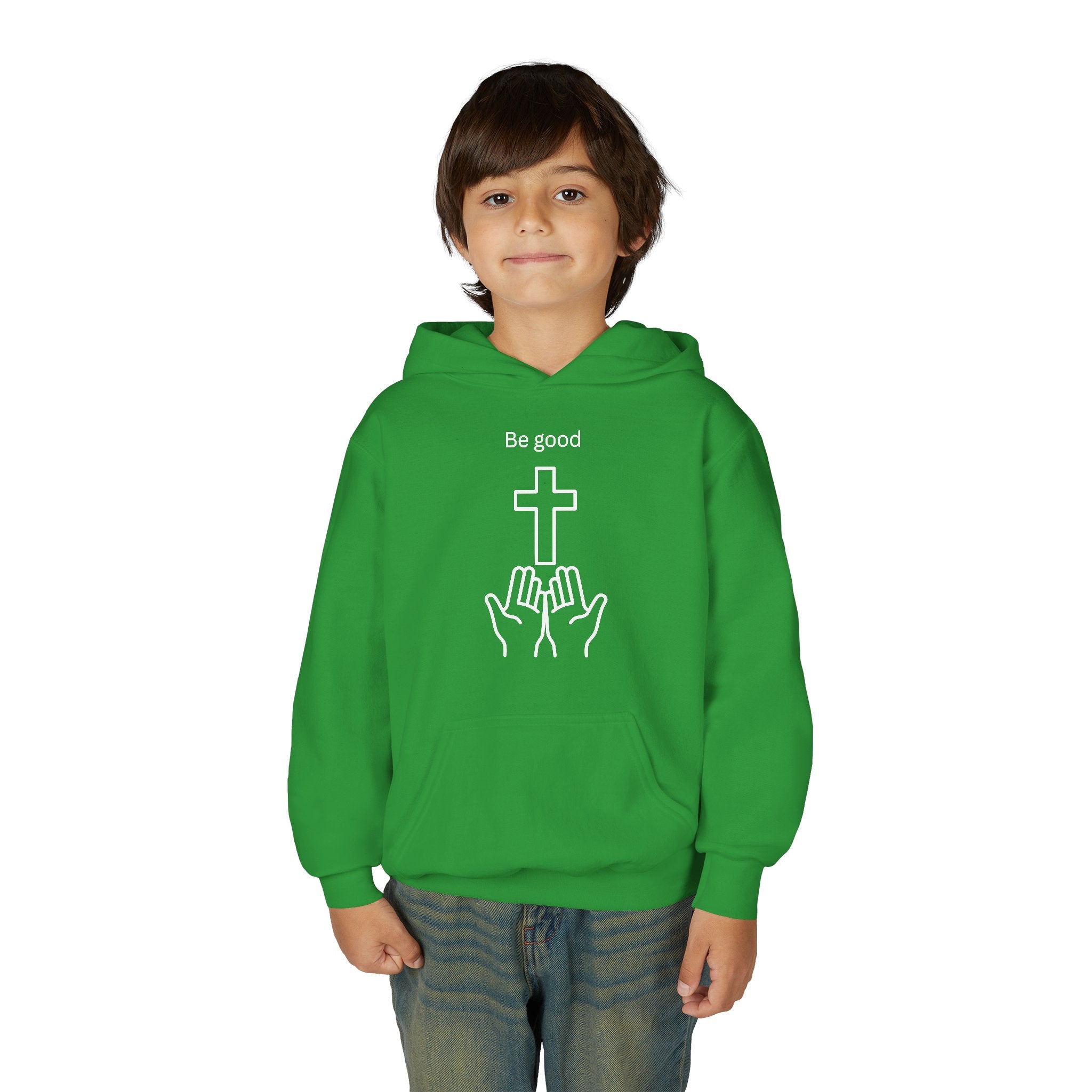 Youth Hoodie — "Be Good" Cross Prayer Christian Sweatshirt